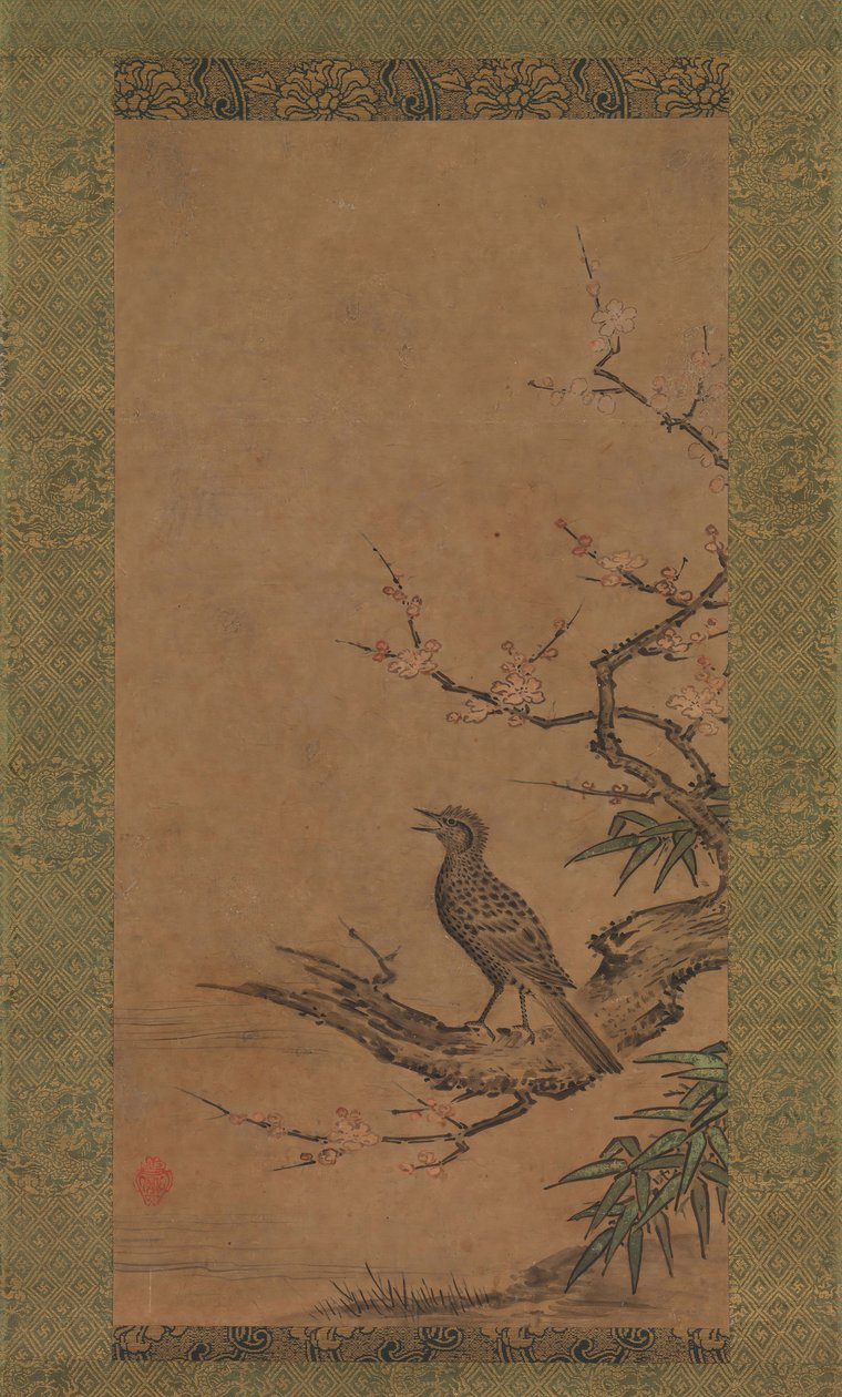 Bulbul de Orejas Marrones Hiyodori en una Rama de Ciruelo de Kano Shoei