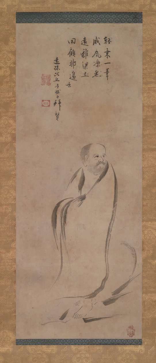 Bodhidharma cruzando el río Yangzi en una caña, finales del siglo XVI de Kano Soshu