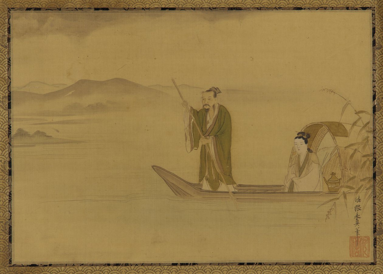 Hombre y mujer chinos en un bote, período Edo de Kano Yasunobu