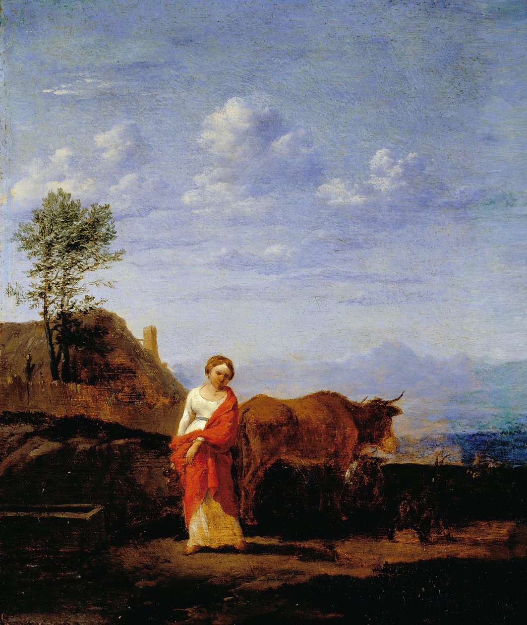 Una mujer con vacas en un camino de Karel Du Jardin