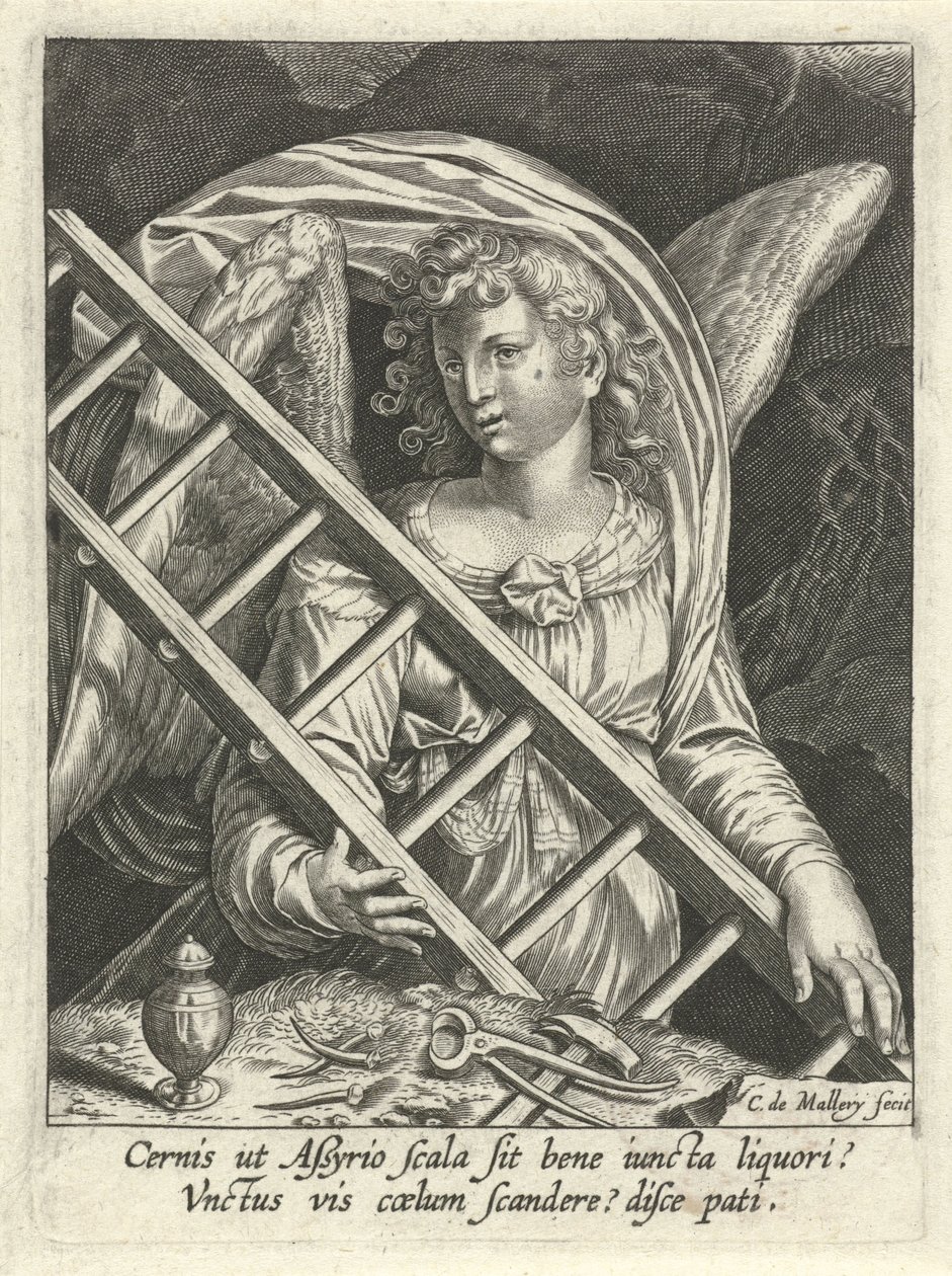 Ángel con escalera, martillo, clavos y vaso de ungüento de Karel van Mallery