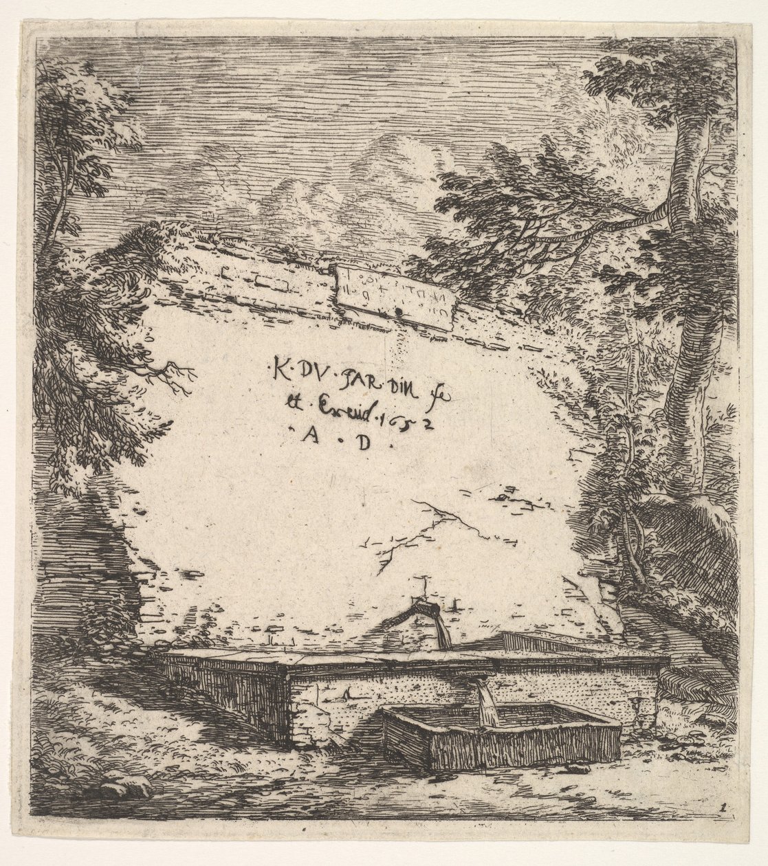Frontispicio con fuente escalonada, un muro de piedra con un surtidor de agua vertiendo agua en un rec..., 1652 de Karel Du Jardin