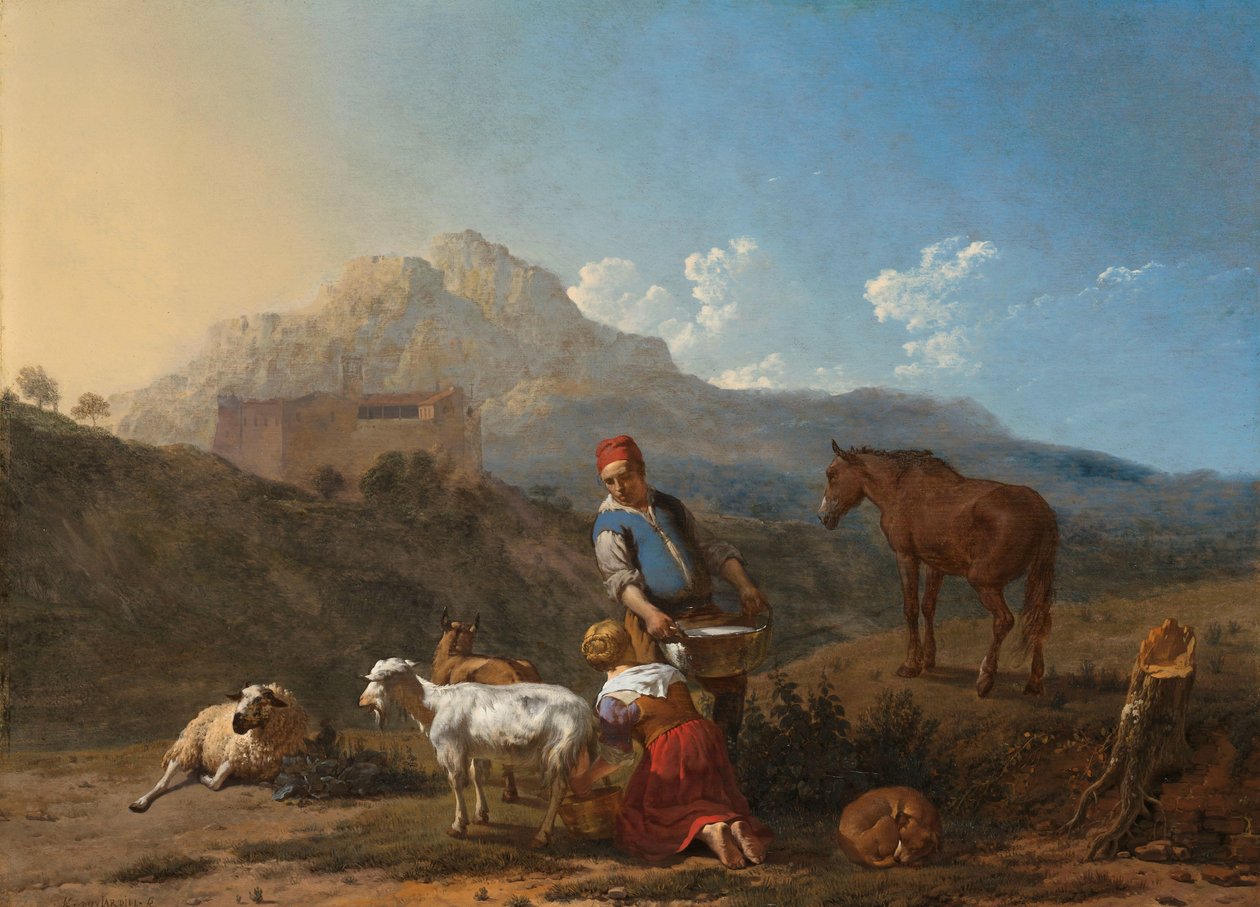 Paisaje italiano con una chica ordeñando una cabra
Paisaje italiano con una chica ordeñando una cabra de Karel Du Jardin
