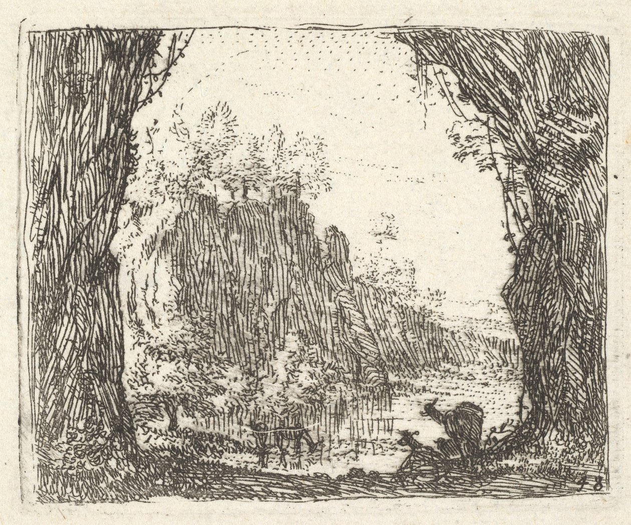 Paisaje flanqueado por árboles en el primer plano izquierdo y derecho, siluetas de dos cabr..., ca. 1641-78 de Karel Du Jardin