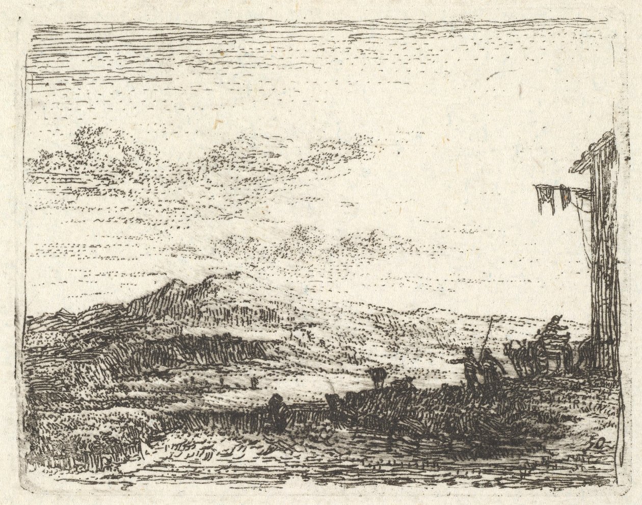 Paisaje con esquina de edificio y toldo a la derecha, dos figuras y un caballo, ca. 1641-78 de Karel Du Jardin