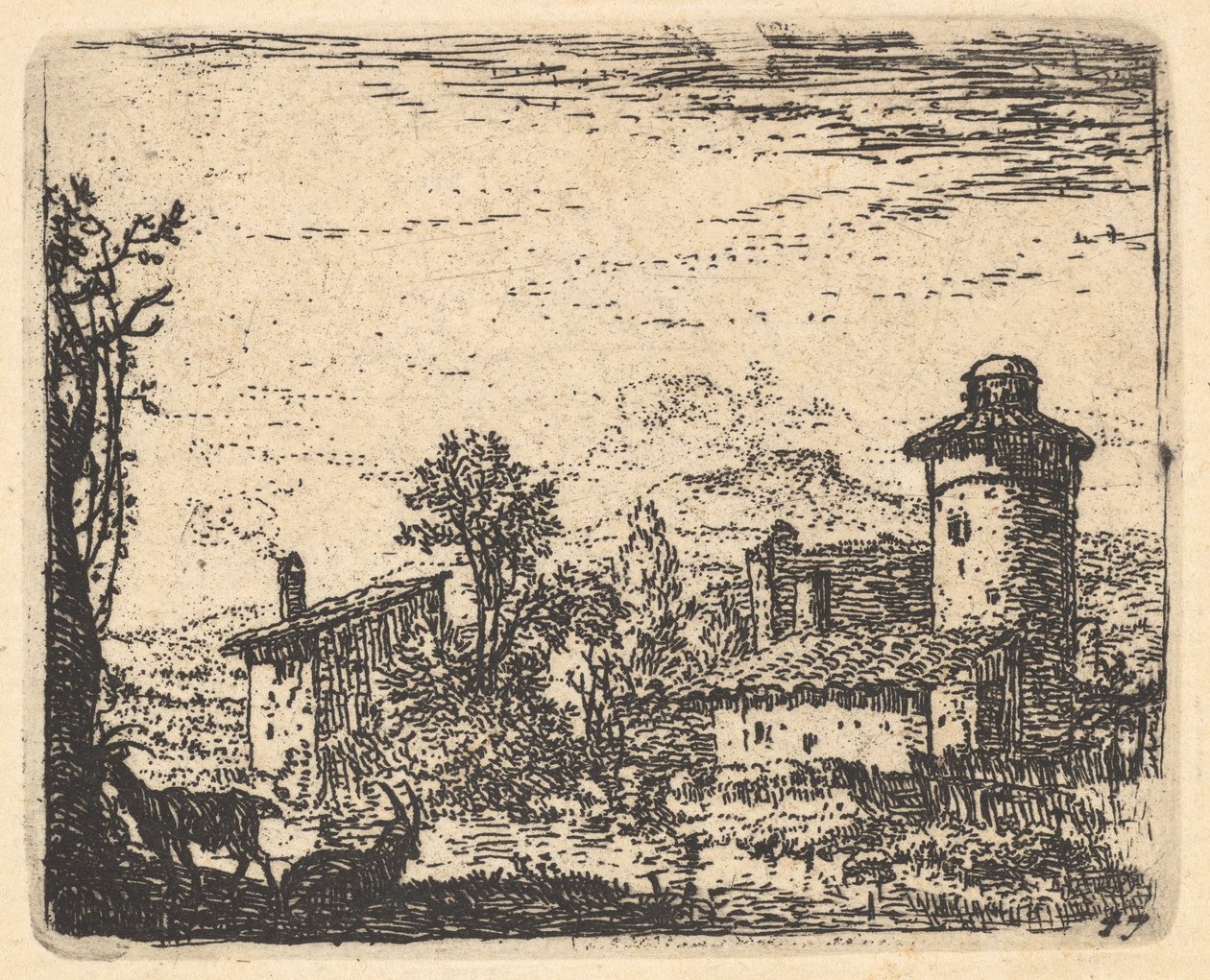 Paisaje con dos cabras con cuernos en la sombra en primer plano a la izquierda, edificios del pueblo al fondo de Karel Du Jardin