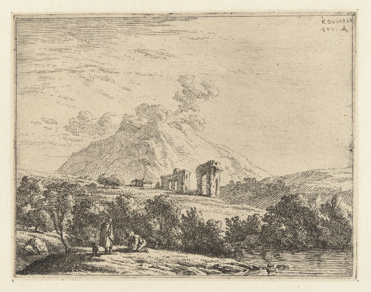 Paisaje con ruinas y dos hombres con un perro de Karel Du Jardin