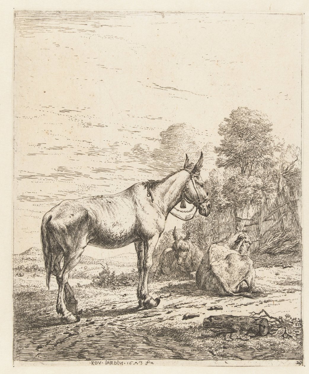 Mula con campana en cabestro y dos burros acostados de Karel Du Jardin