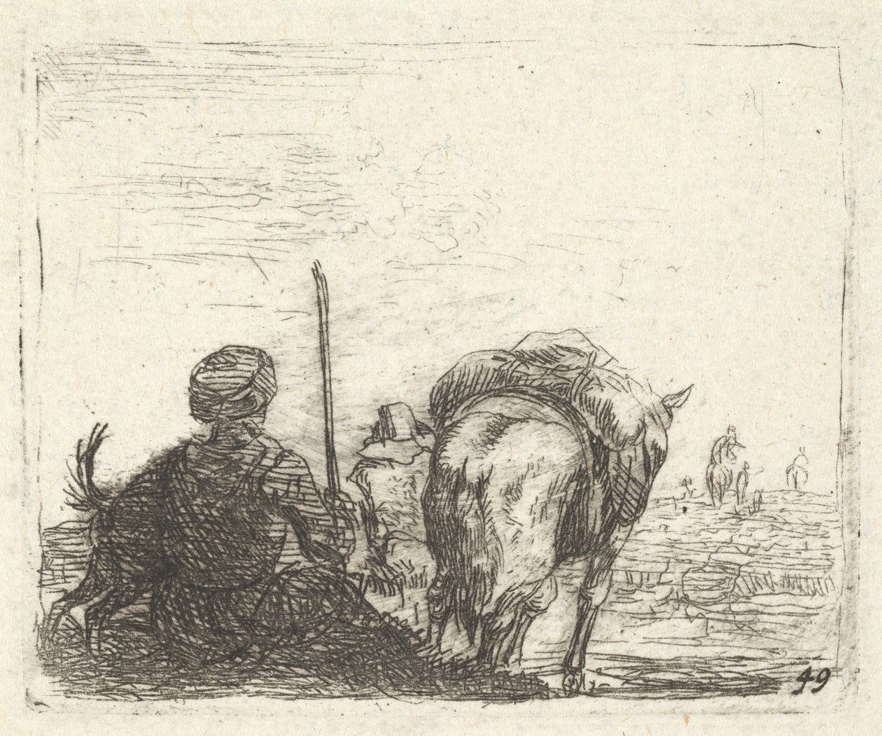 Caballo de carga, hombre sentado con bastón en la mano derecha y perro, todos vistos desde atrás..., ca. 1641-78 de Karel Du Jardin
