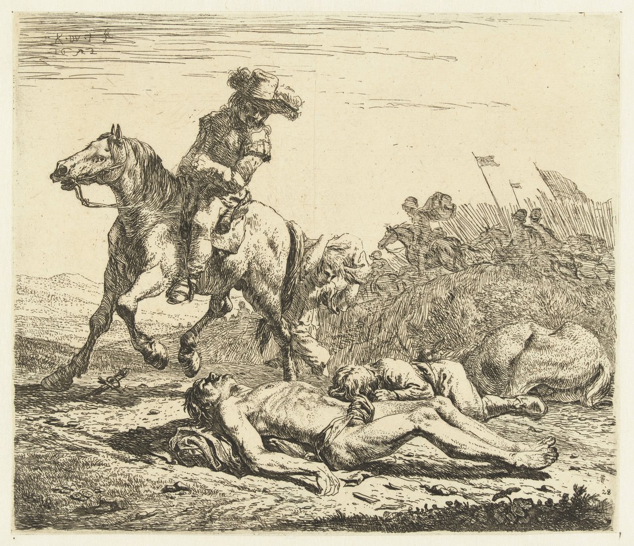 Campo de batalla con soldado a caballo y dos muertos de Karel Du Jardin