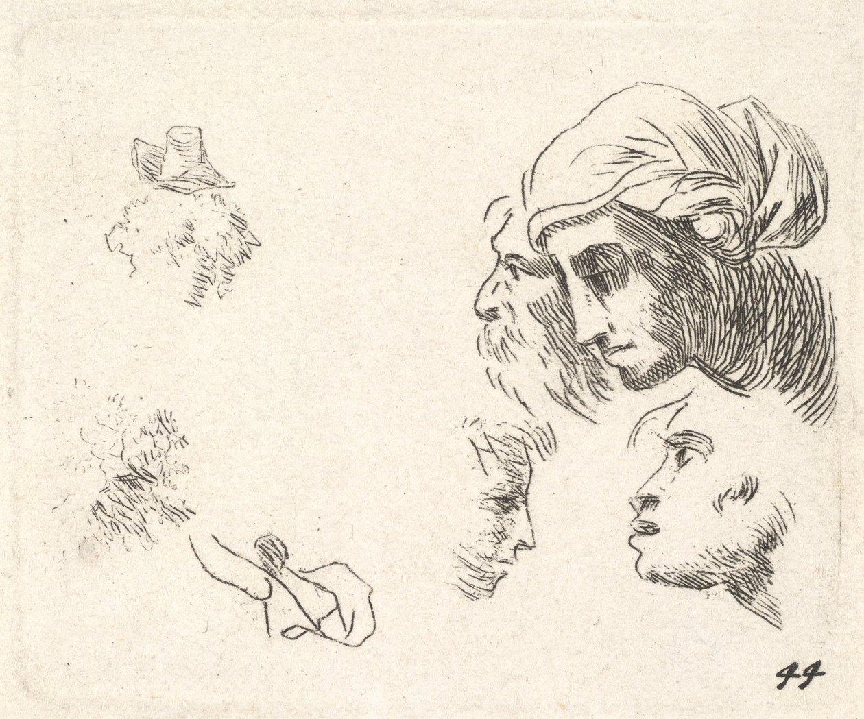 Estudio de cabezas en vista de perfil, una mujer con pañuelo en la cabeza y un hombre barbudo, ca. 1641-78 de Karel Du Jardin