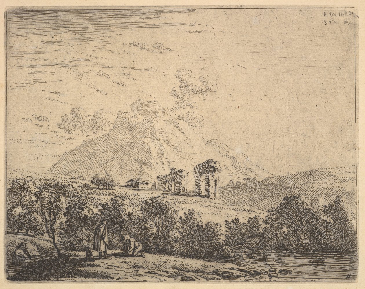 Vista de la ladera con ruinas, un acueducto y un peñasco de montaña al fondo, en primer plano un hombre, 1658 de Karel Du Jardin