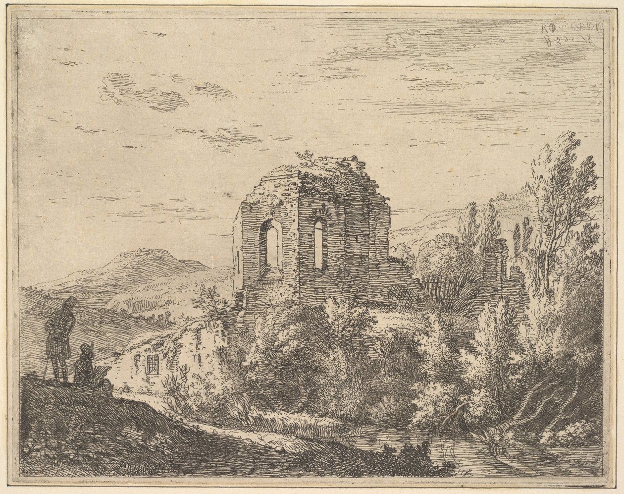 Vista de ruinas mostrando la esquina de un edificio con dos ventanas arqueadas, en un paisaje de Karel Du Jardin