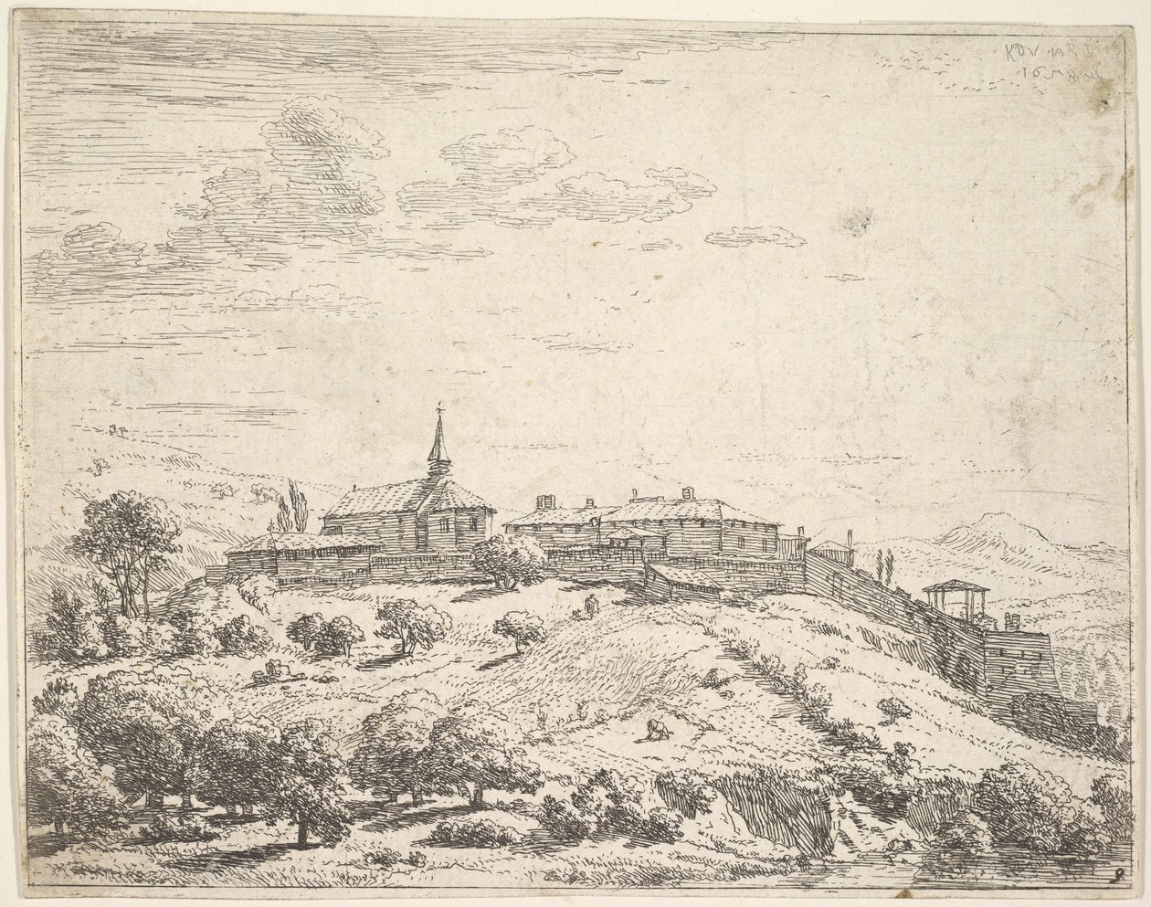 Pueblo amurallado en una colina, con iglesia a la izquierda y edificios construidos en la pendiente, 1658 de Karel Du Jardin