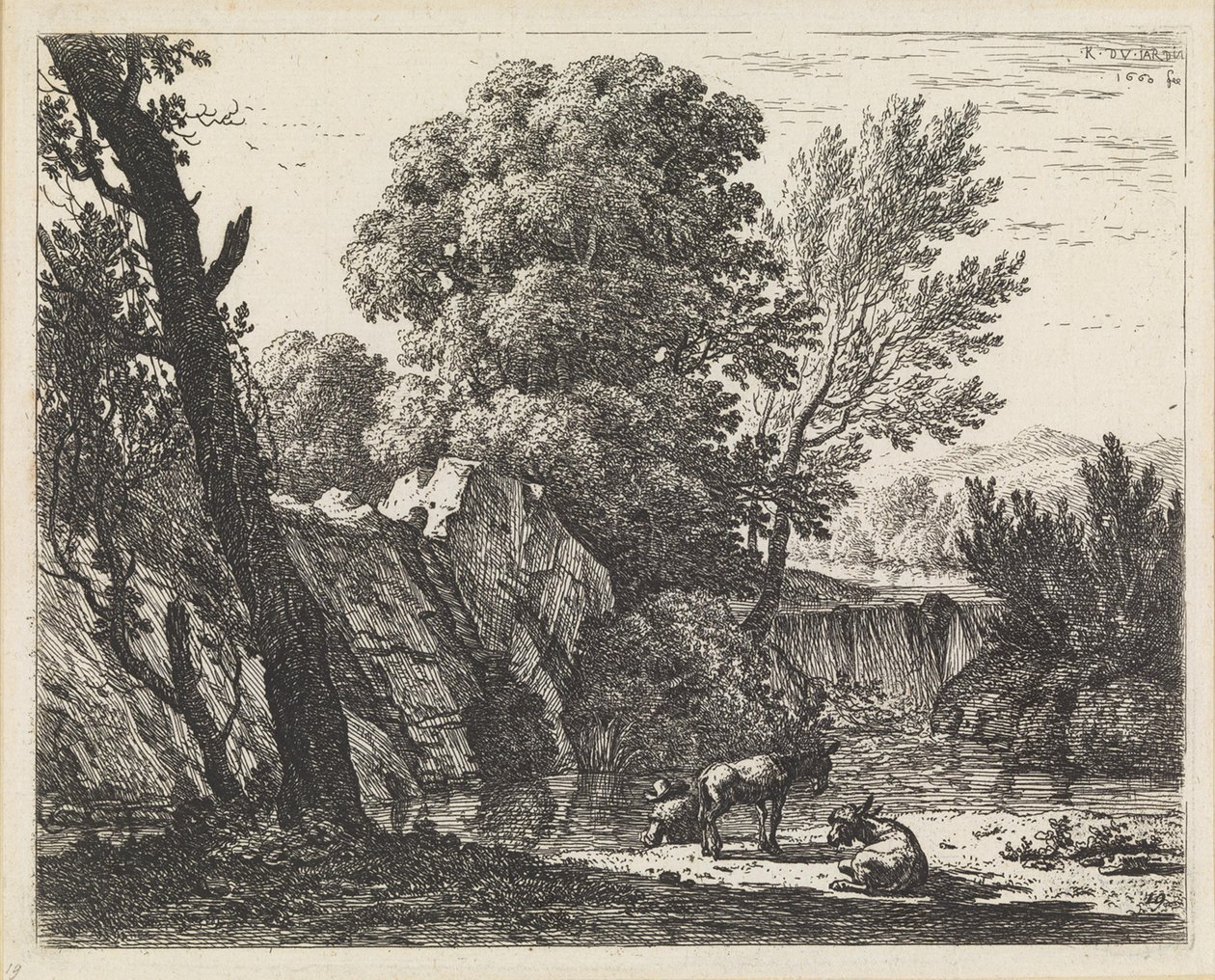 Paisaje con un hombre y dos asnos de Karel Dujardin
