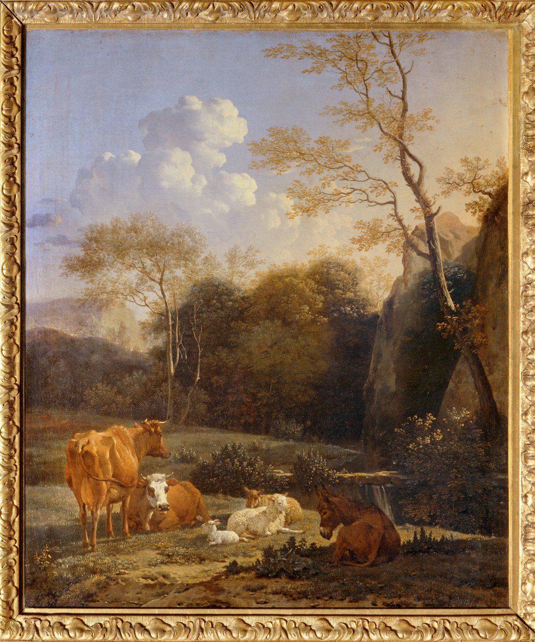 Le bocage, Vacas, burros y ovejas junto a un arroyo ... de Karel Dujardin