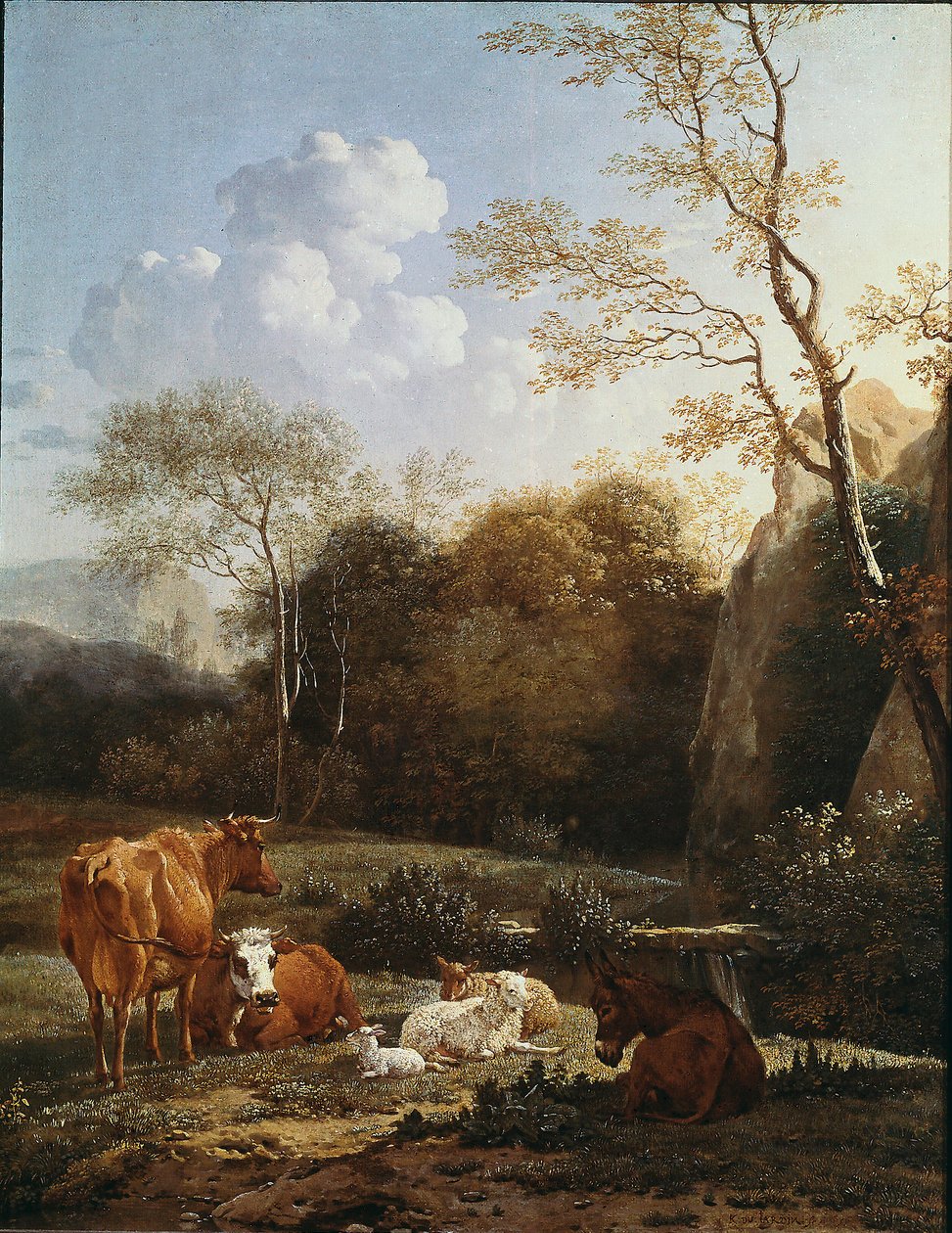 El bocage animal cerca de un arroyo. Pintura de Karel Dujardin (1622-1678) 1656. París, Museo del Louvre de Karel Dujardin