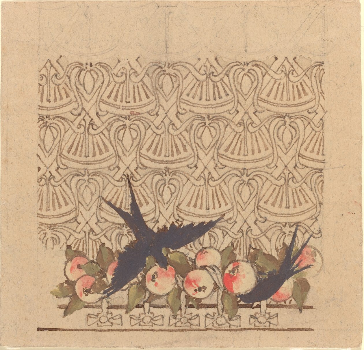 Diseño ornamental con dos pájaros picoteando fruta de Karel Vitezslav Masek