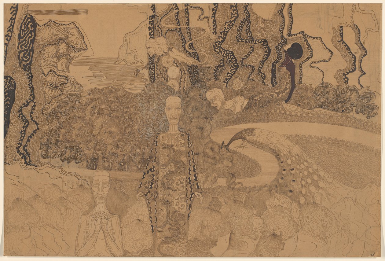 Representación alegórica con figuras y un pavo real en un jardín de Karel de Nerée tot Babberich (signed by artist)