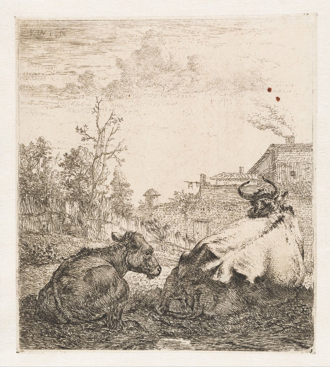 Vaca acostada con ternero Animales (título de la serie) de Karel du Jardin (signed by artist)