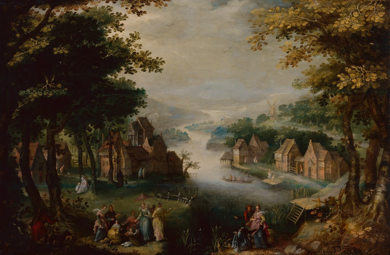 Hallazgo de Moisés con una pareja elegante, siervo y cazador (óleo sobre madera) de Karel van (circle of) Mander