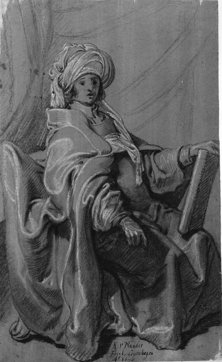 Figura sentada con capa y turbante, sosteniendo un libro. Mirando hacia la derecha de Karel van III Mander