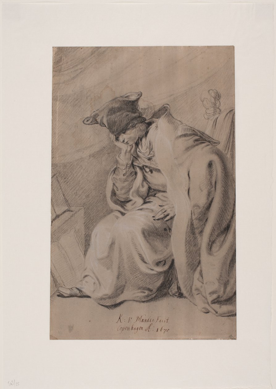 Joven pensativo sentado con la mano bajo la mejilla. Capa y gorro de piel de Karel van III Mander