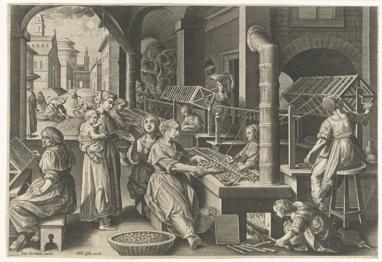 Enrollado de la seda
Introducción del gusano de seda y de la producción de seda en Europa (título de la serie)
Vermis Sericus (título de la serie en el objeto) de Karel van Mallery