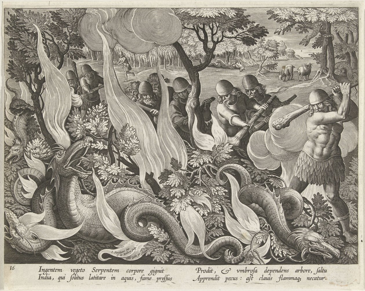 La caza de serpientes de agua en la India
Escenas de caza (título de la serie)
Venationes Ferarum, auium, piscium pvgnae Bestiariorum (título de la serie) de Karel van Mallery