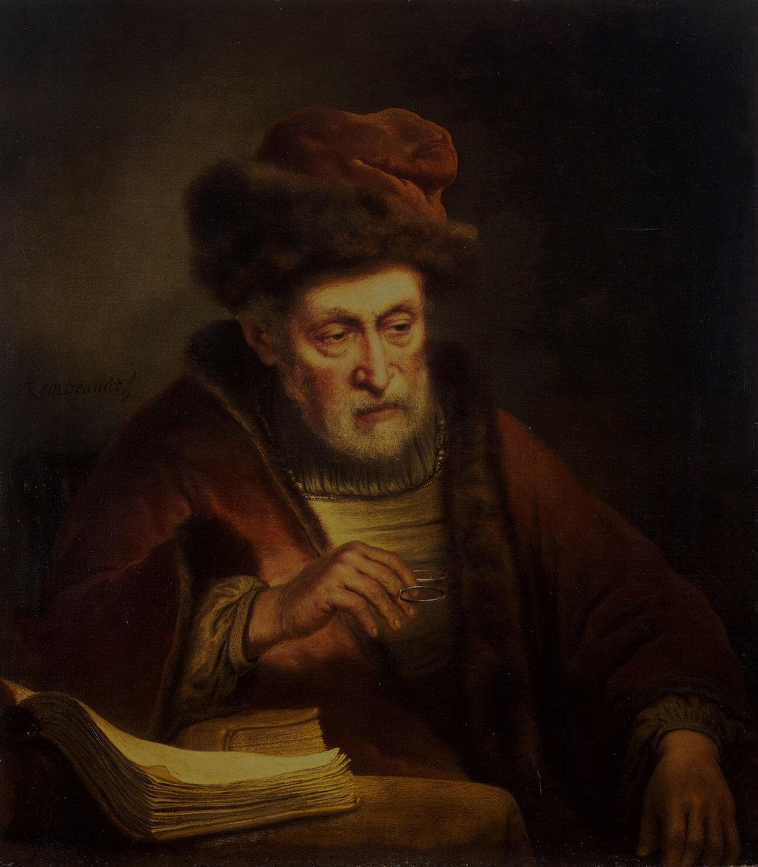 Viejo sosteniendo un par de gafas de Karel van der Pluym