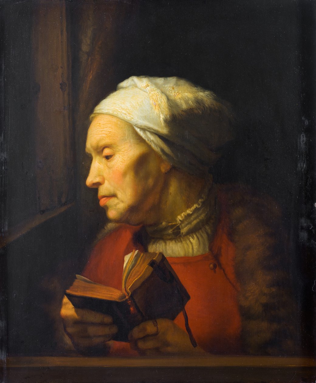 Retrato de una anciana que sostiene un libro abierto de Karel van der Pluym