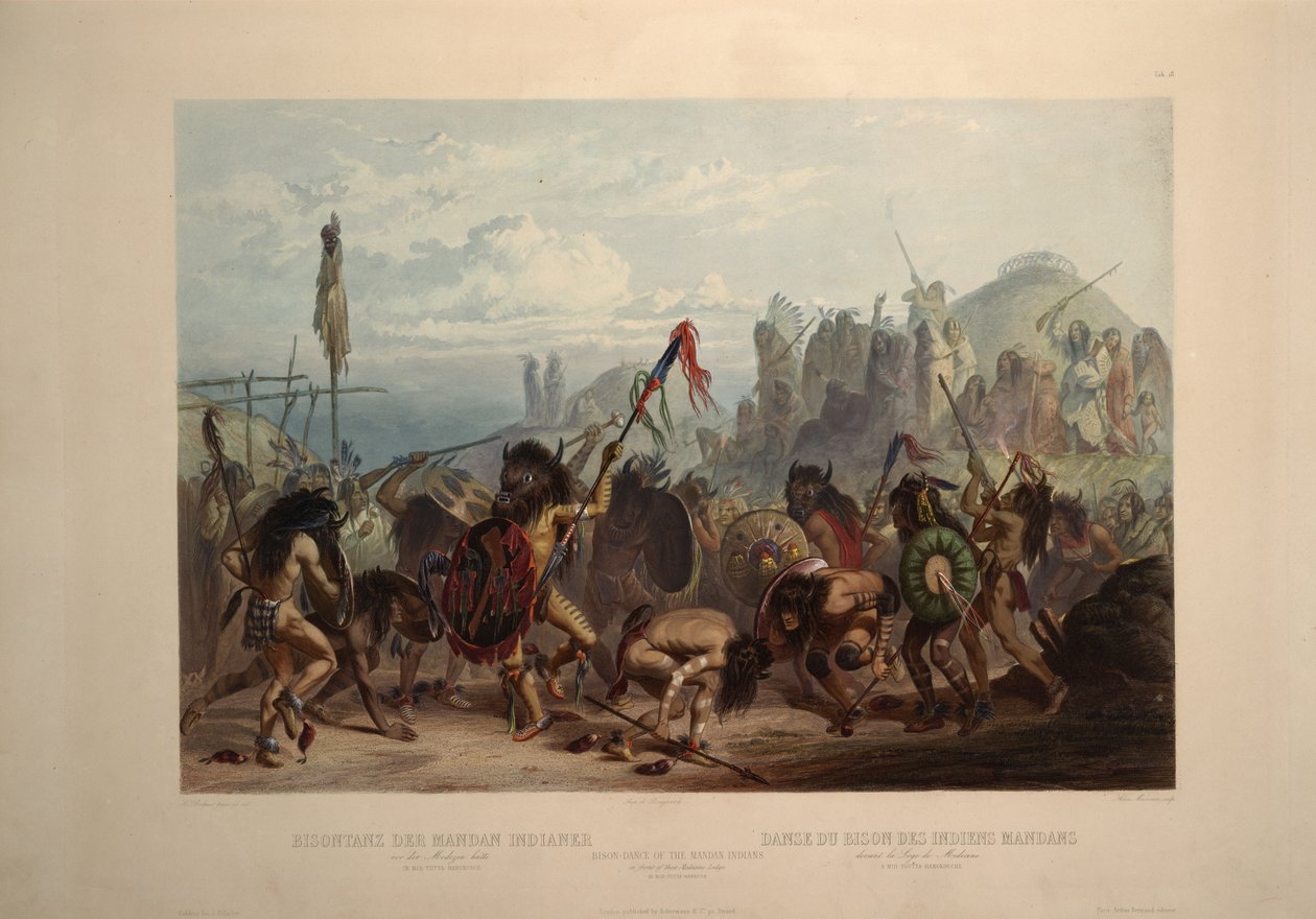 Danza del bisonte de los indios Mandan frente a su cabaña de medicina de Karl Bodmer