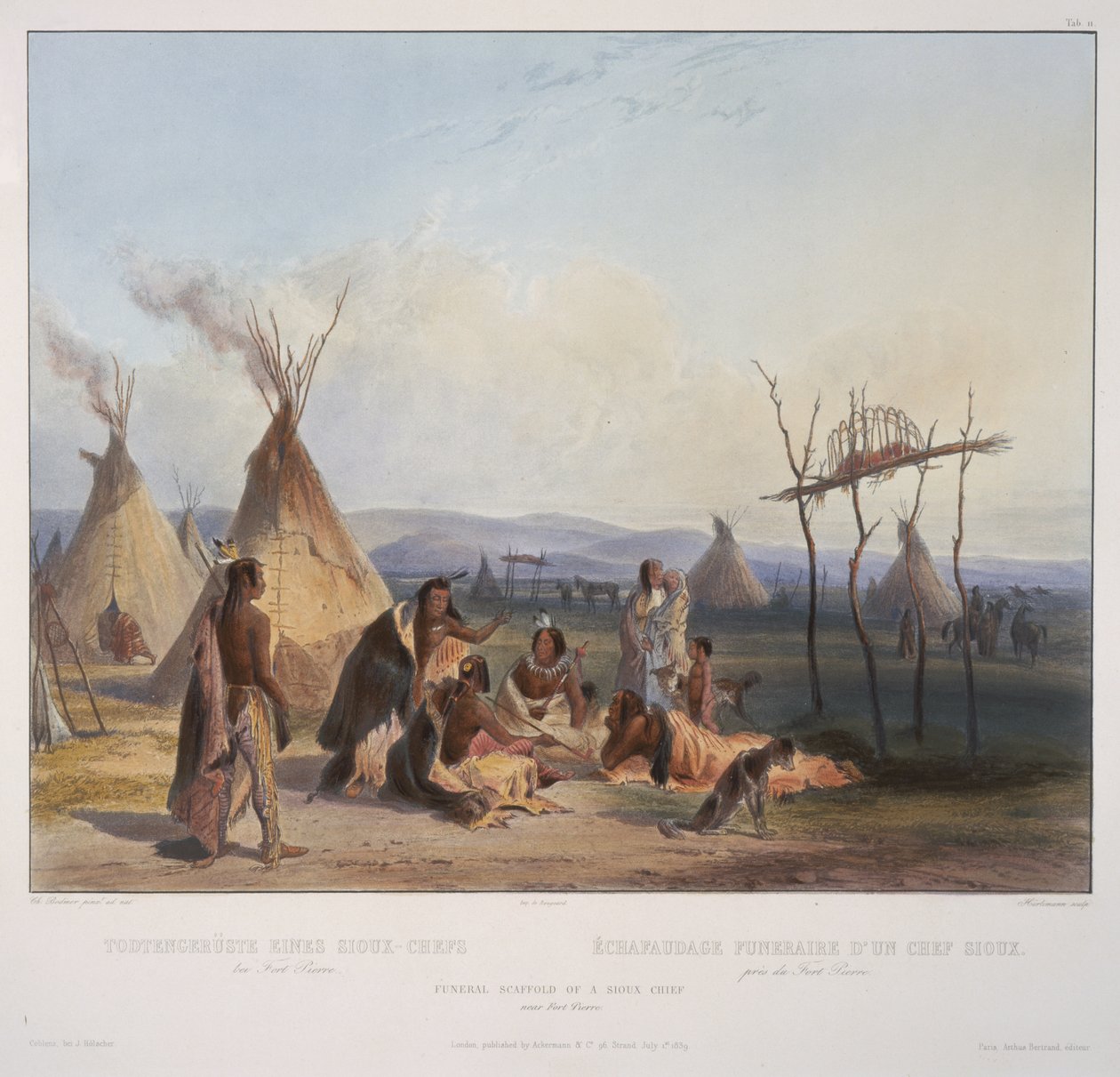 Andamio funerario de un jefe sioux cerca de Fort Pierre, grabado por J. Hurliman, publicado en 1839 de Karl Bodmer