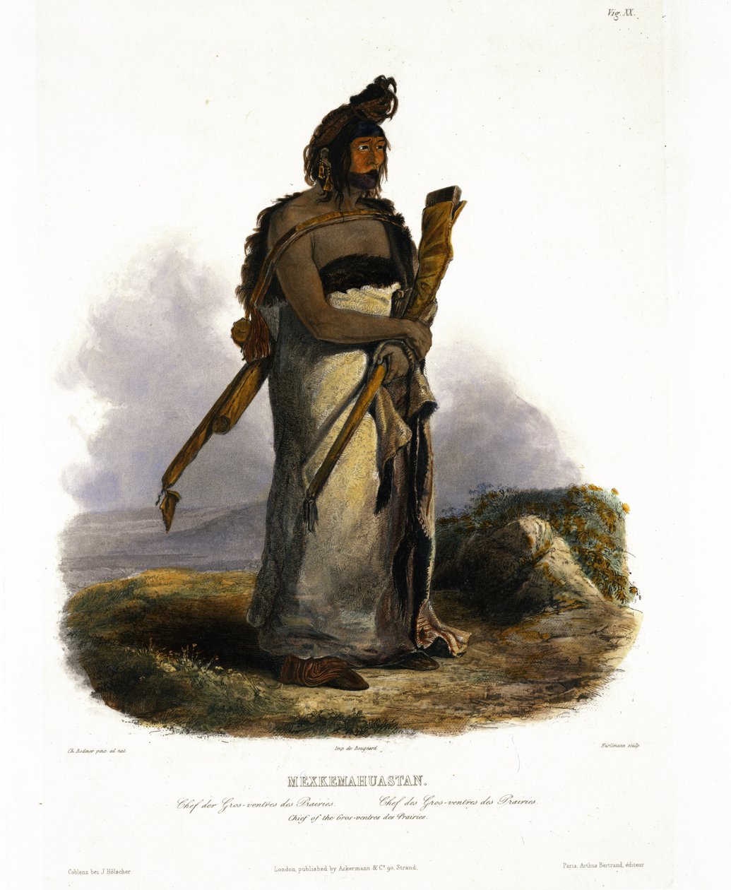 Mexkemahuastan, Jefe de los Gros-Ventres de las Praderas, lámina 20 del Volumen 1 de Viajes en el Interior de América del Norte, grabado por J. Hurlimann, 1843 de Karl Bodmer