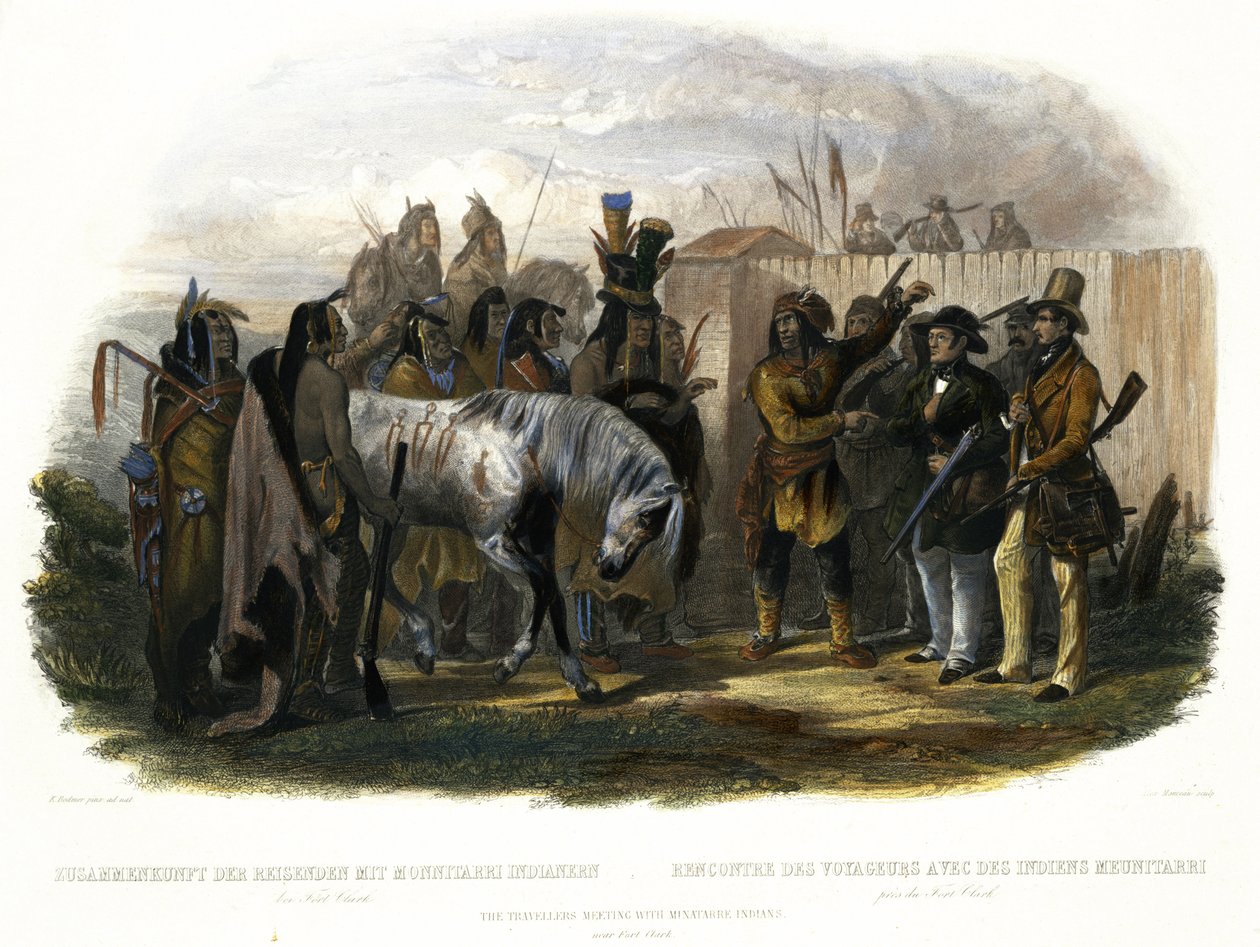 El Encuentro de los Viajeros con los Indios Minatarre cerca de Fort Clark, lámina 26 del Volumen 1 de 