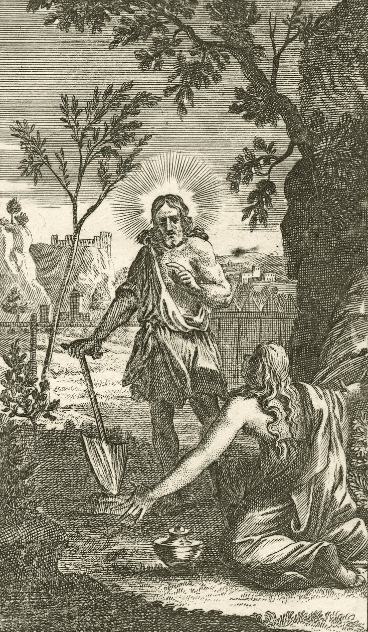Jesús aparece como jardinero a María Magdalena, de un devocional alemán, 1709 de Karl Remshard
