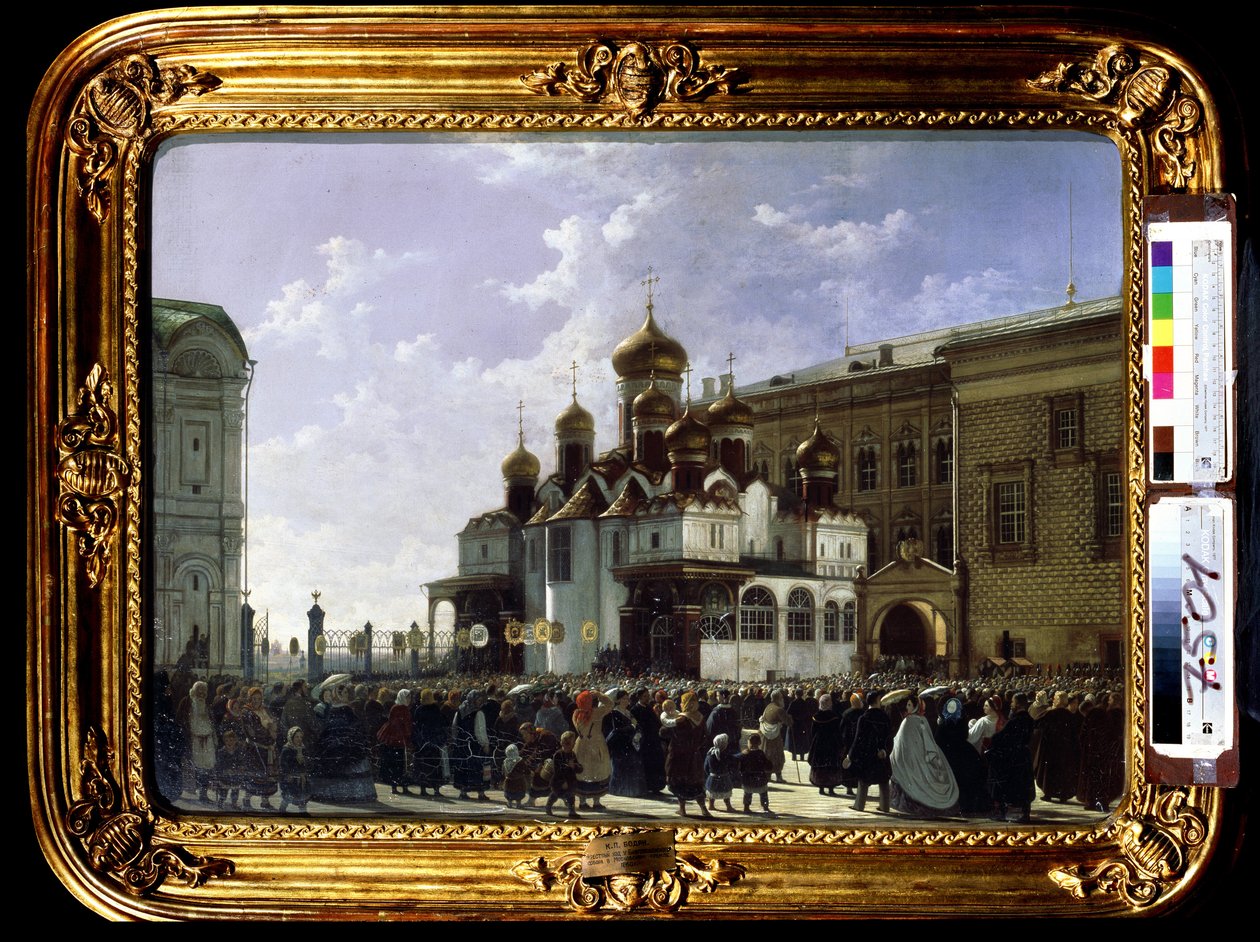 Procesión de Semana Santa en la catedral de María Anunciación en Moscú. Pintura de Karl Petrovich Bodri (1812-1894). Óleo sobre lienzo, 61 x 85 cm de Karl Fridrikh Petrovich Bodri