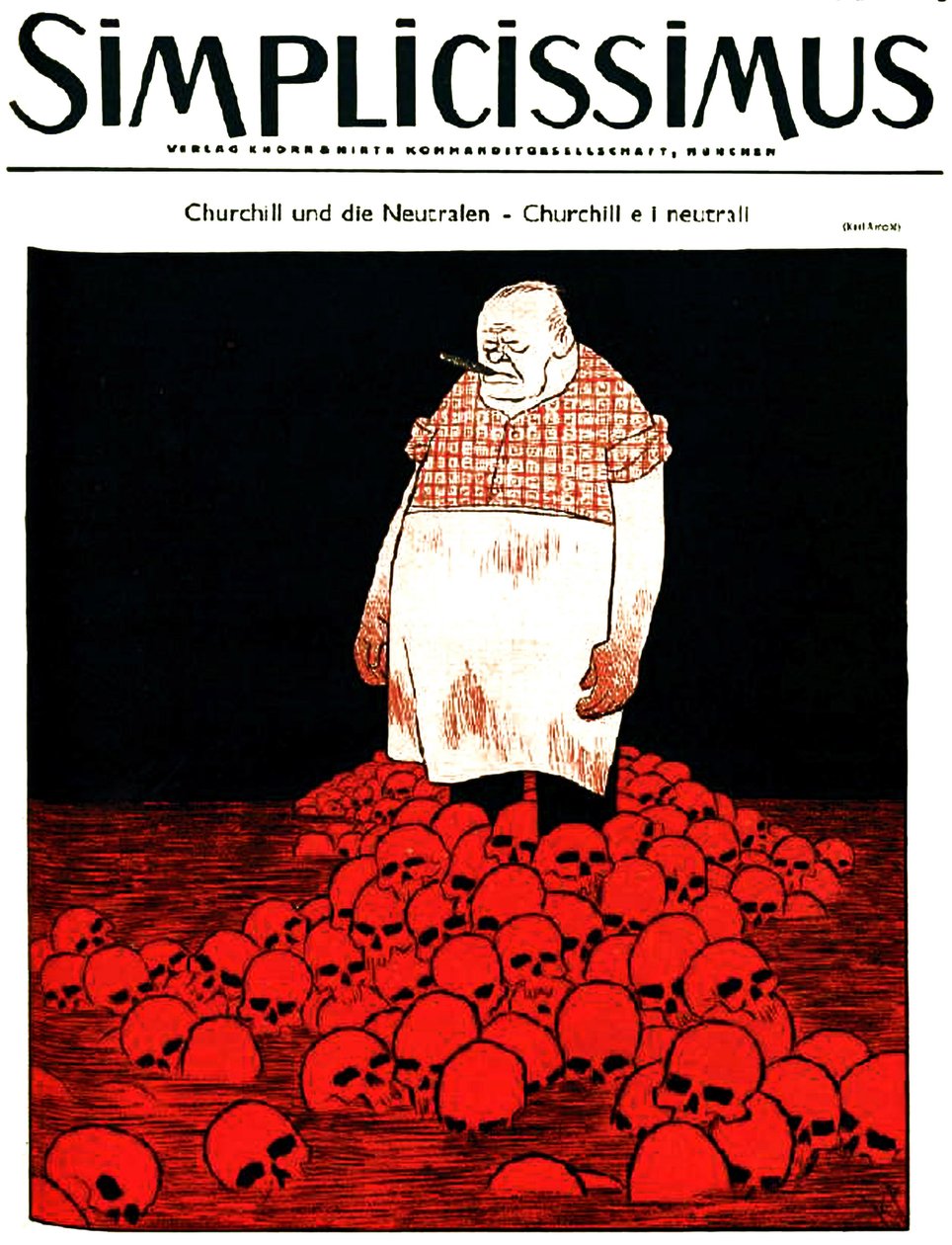 Portada de la revista alemana Simplicissimus (circa ) que muestra a Churchill y un río de sangre y calaveras. c.1940 (litografía) de Karl Arnold