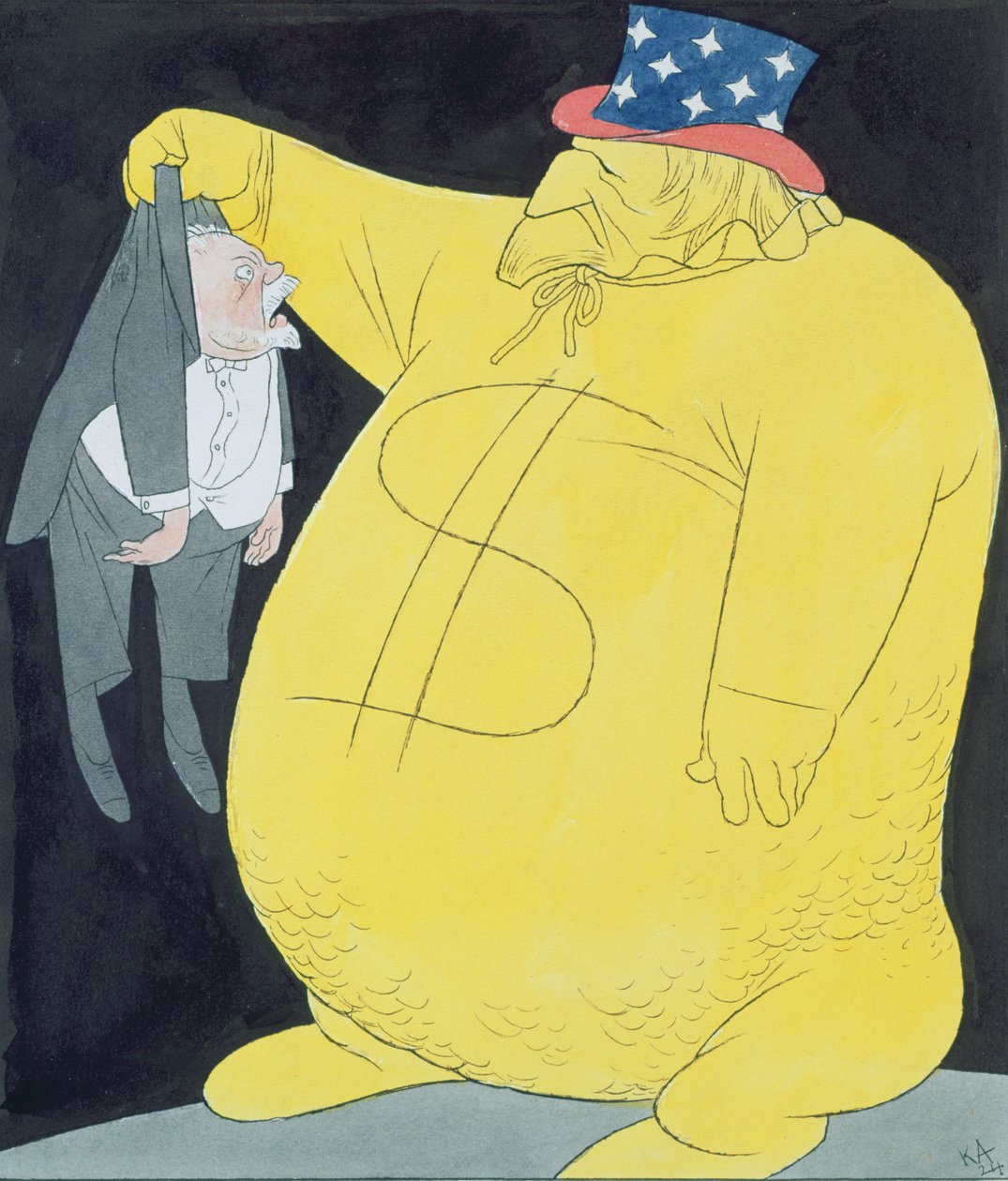 Uncle Sam as a Sack of Dollars with Poincare (acuarela, pluma y tinta china sobre papel) de Karl Arnold