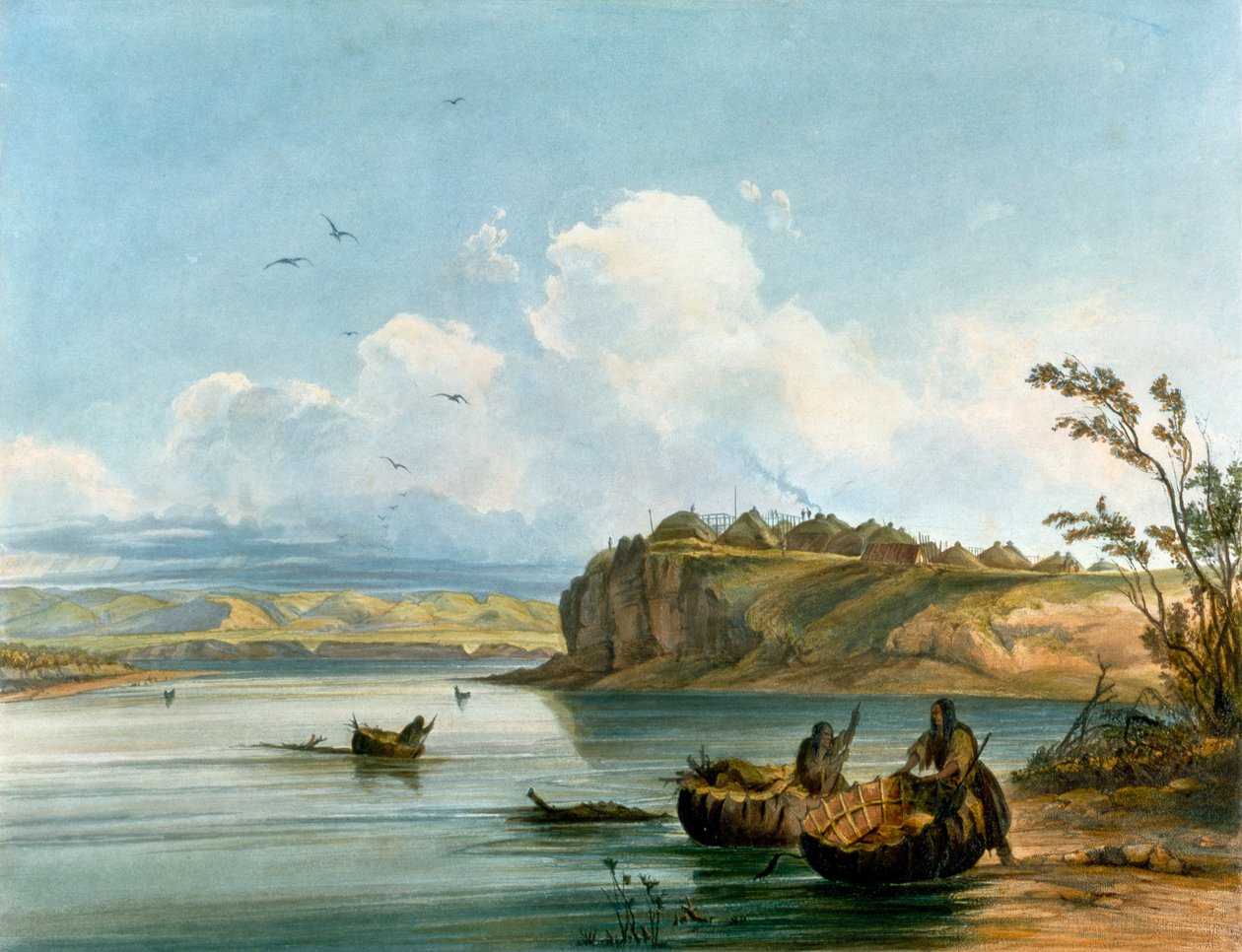 Mujeres nativas americanas Mandan cruzando el río Misuri en botes hechos de piel de búfalo, Civilización nativa americana, Estados Unidos de Karl Bodmer