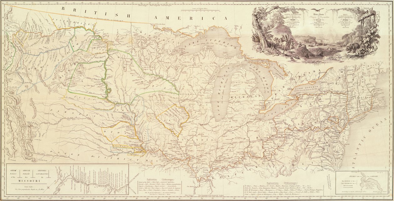 Mapa para ilustrar la ruta del príncipe Maximiliano de Wied en el interior de América del Norte desde Boston hasta el Alto Misuri de Karl Bodmer