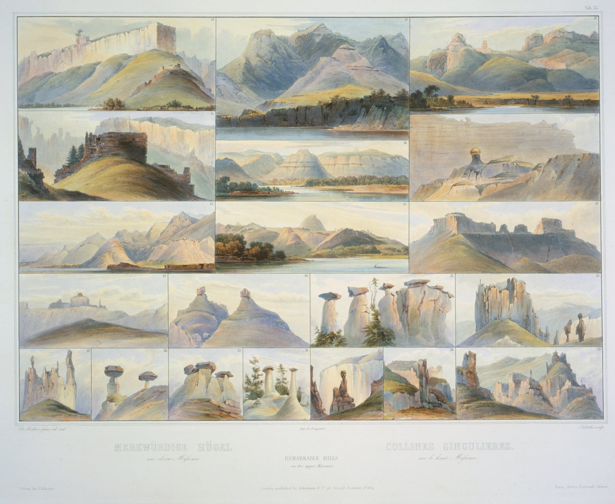 Colinas notables en el Alto Missouri, grabado por F. Salathe, publicado en 1839 de Karl Bodmer