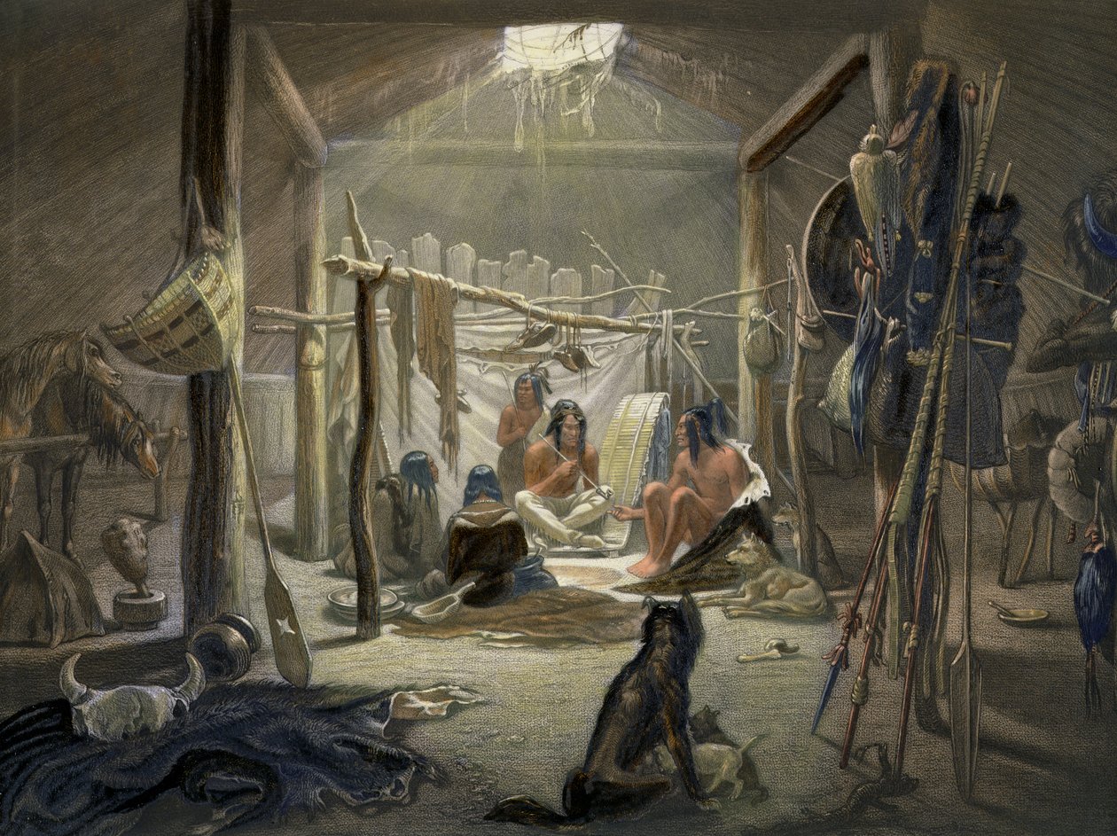 El Interior de una Cabaña de un Jefe Mandan, lámina 19 del Volumen 2 de Viajes en el Interior de América del Norte, grabado por Narcisse Desmadryl, 1844 de Karl Bodmer