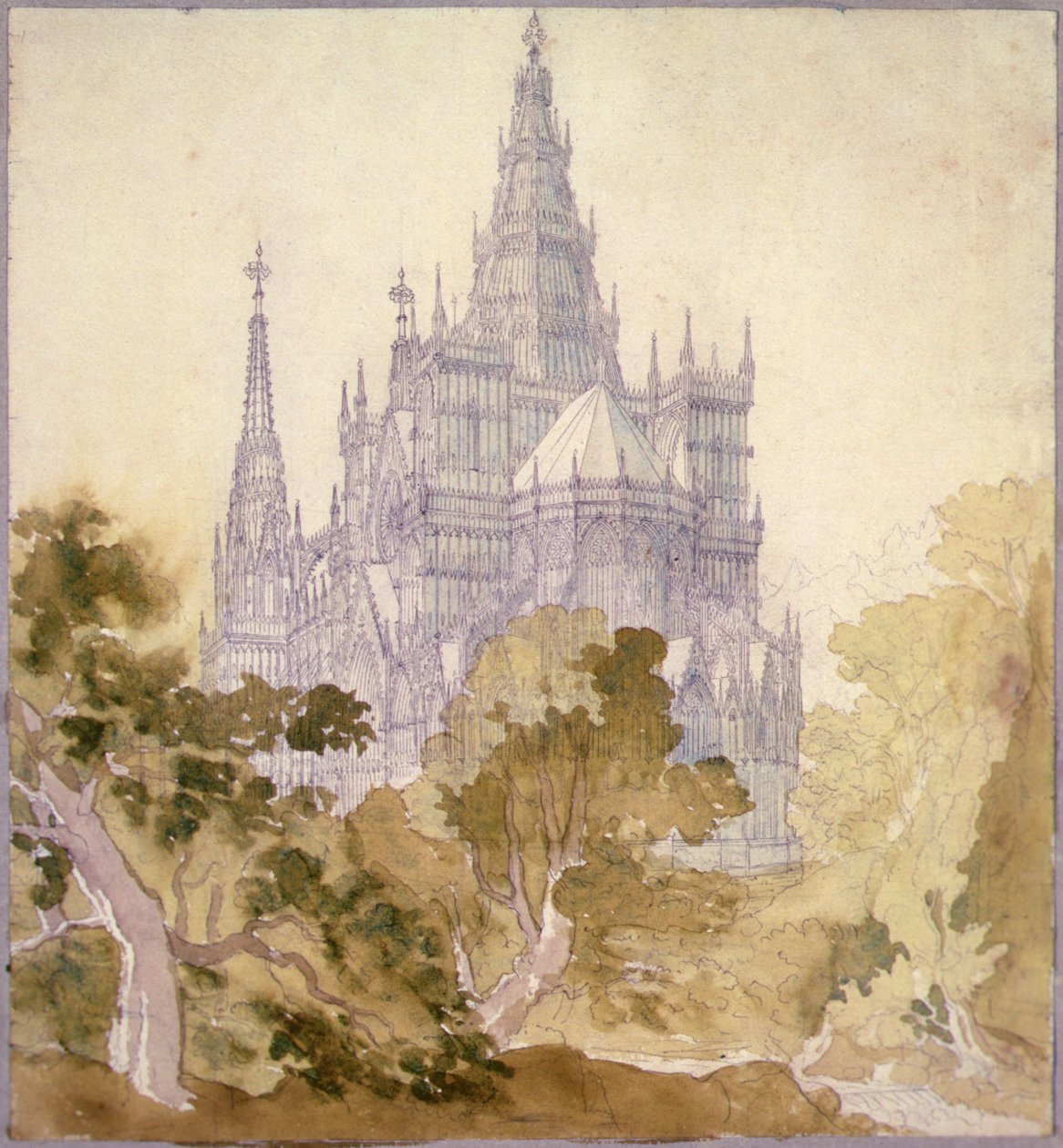Un paisaje boscoso con una iglesia gótica (lápiz, tinta y acuarela) de Karl Friedrich Schinkel