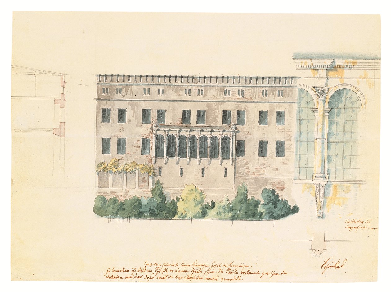 Diseño para una nueva escalera para la fachada norte del Schloss en Stettin, con un estudio subsidiario de la logia, una sección transversal de la fachada y un pilastra adosada, c.1840 de Karl Friedrich Schinkel