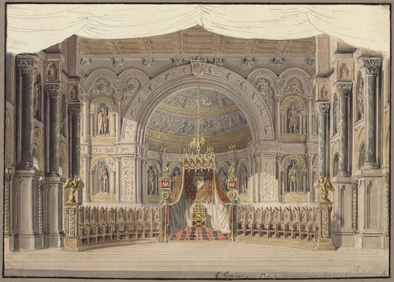 Agnes von Hohenstaufen. Ópera de Gaspare Spontini. Boceto de la primera escenografía. Sala del Emperador de Karl Friedrich Schinkel
