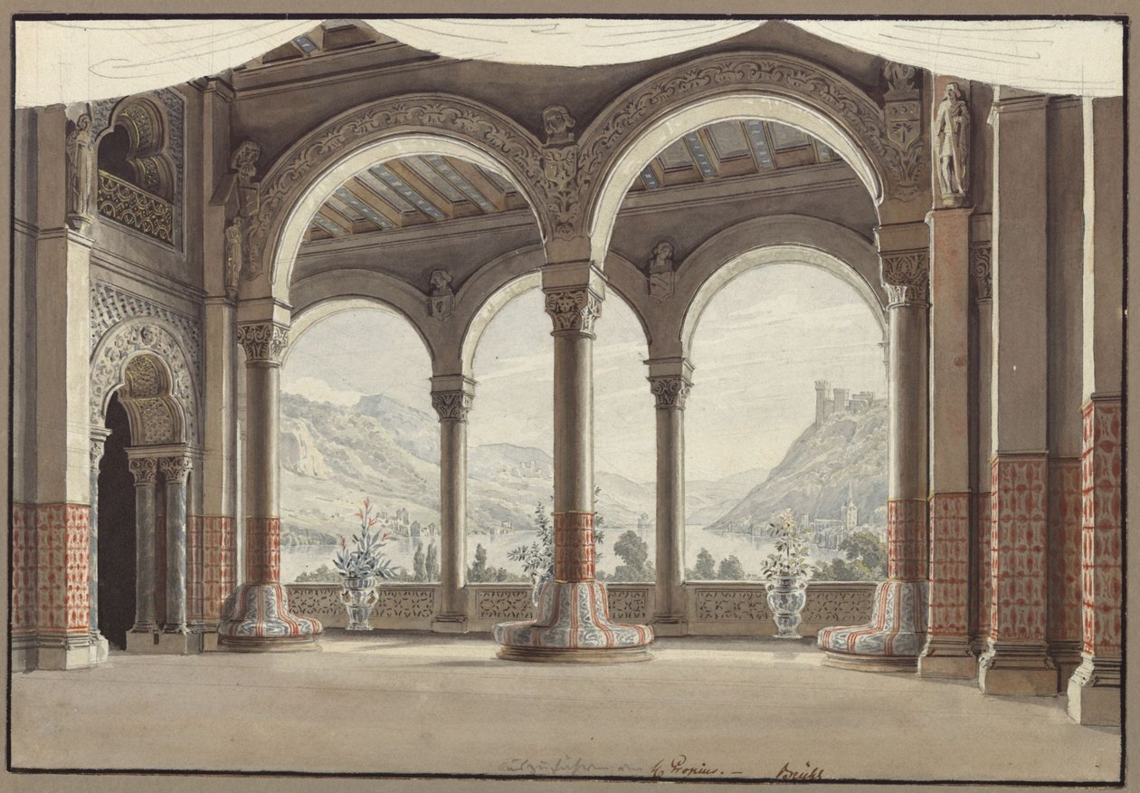 Agnes von Hohenstaufen. Ópera de Gaspare Spontini. Boceto para la segunda escenografía. Sala abierta de Karl Friedrich Schinkel