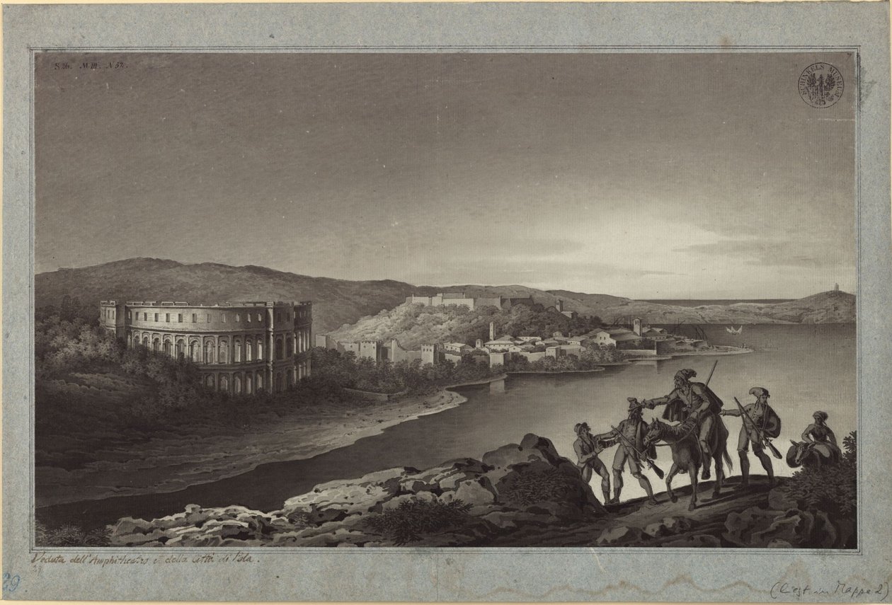 Vista del anfiteatro y de la ciudad de Pola, en Istria de Karl Friedrich Schinkel