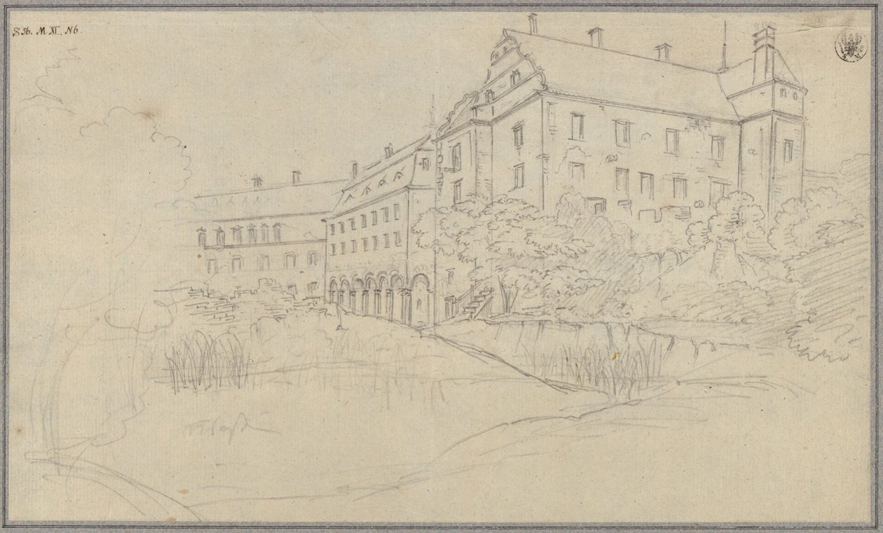 Vista de un castillo con frontones renacentistas en Silesia o Bohemia de Karl Friedrich Schinkel
