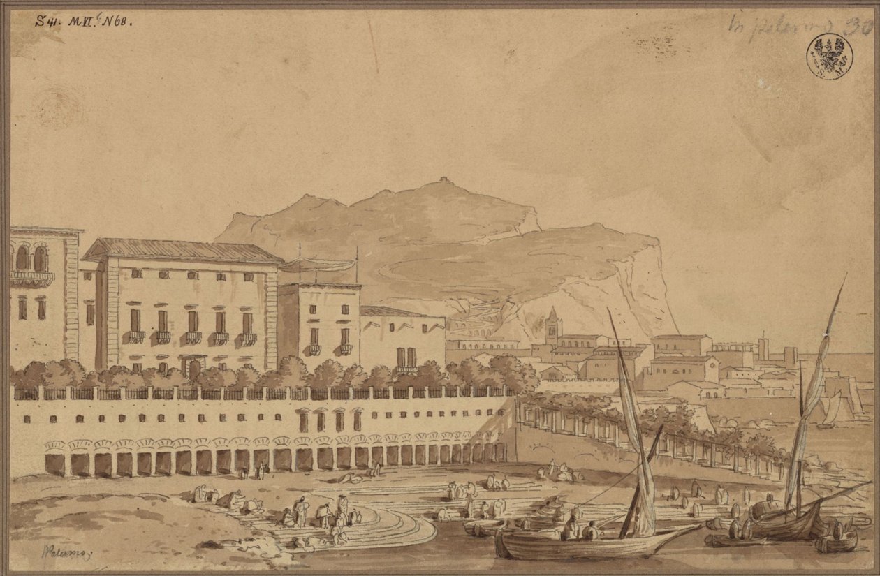 «Vista desde el balcón de mi piso en Palermo: el pequeño puerto de la ciudad y, a lo lejos, el Monte Pelegrino [Pellegrino]» de Karl Friedrich Schinkel